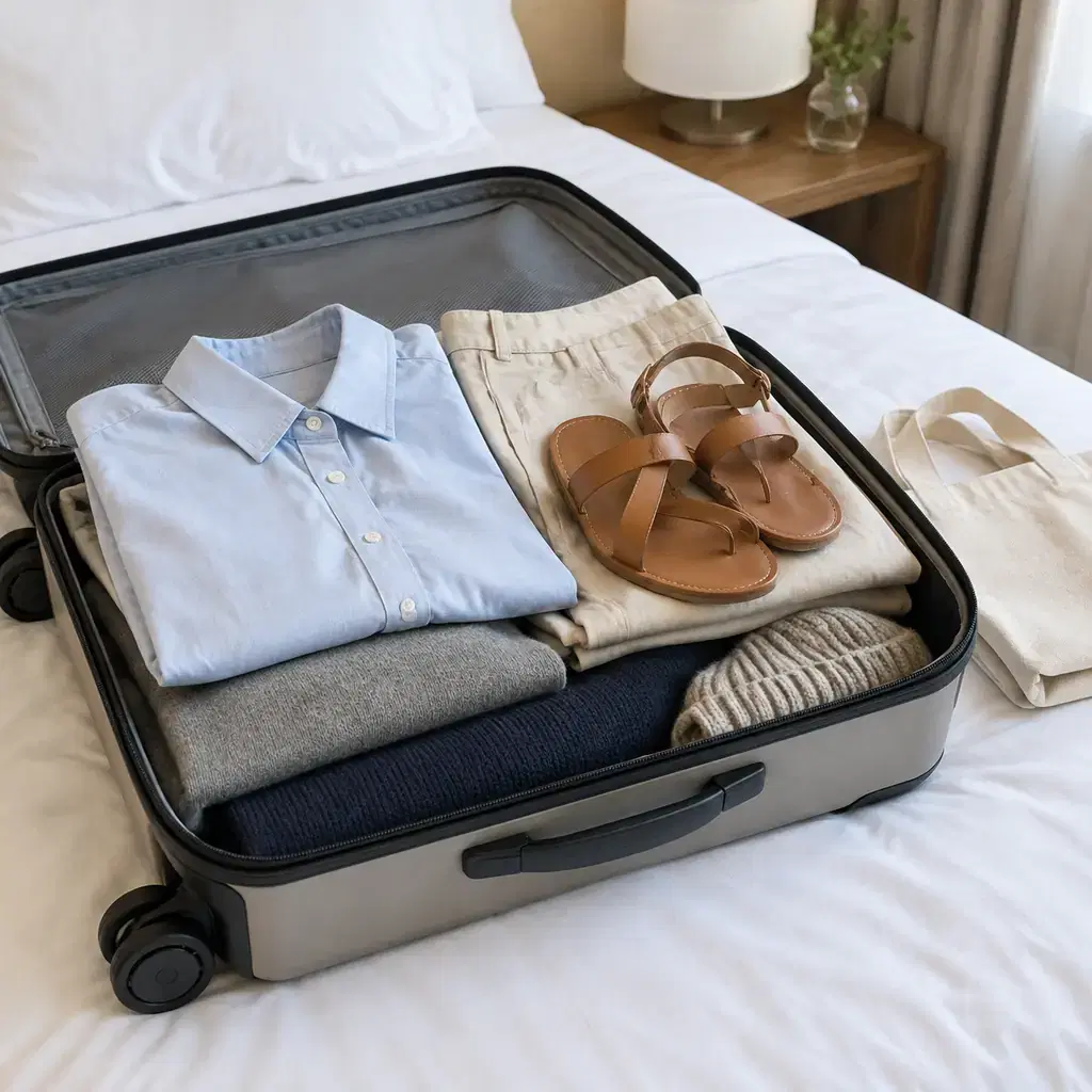 An open carry-on packed with a light shirt, light trousers and sandals on top and folded sweaters underneath