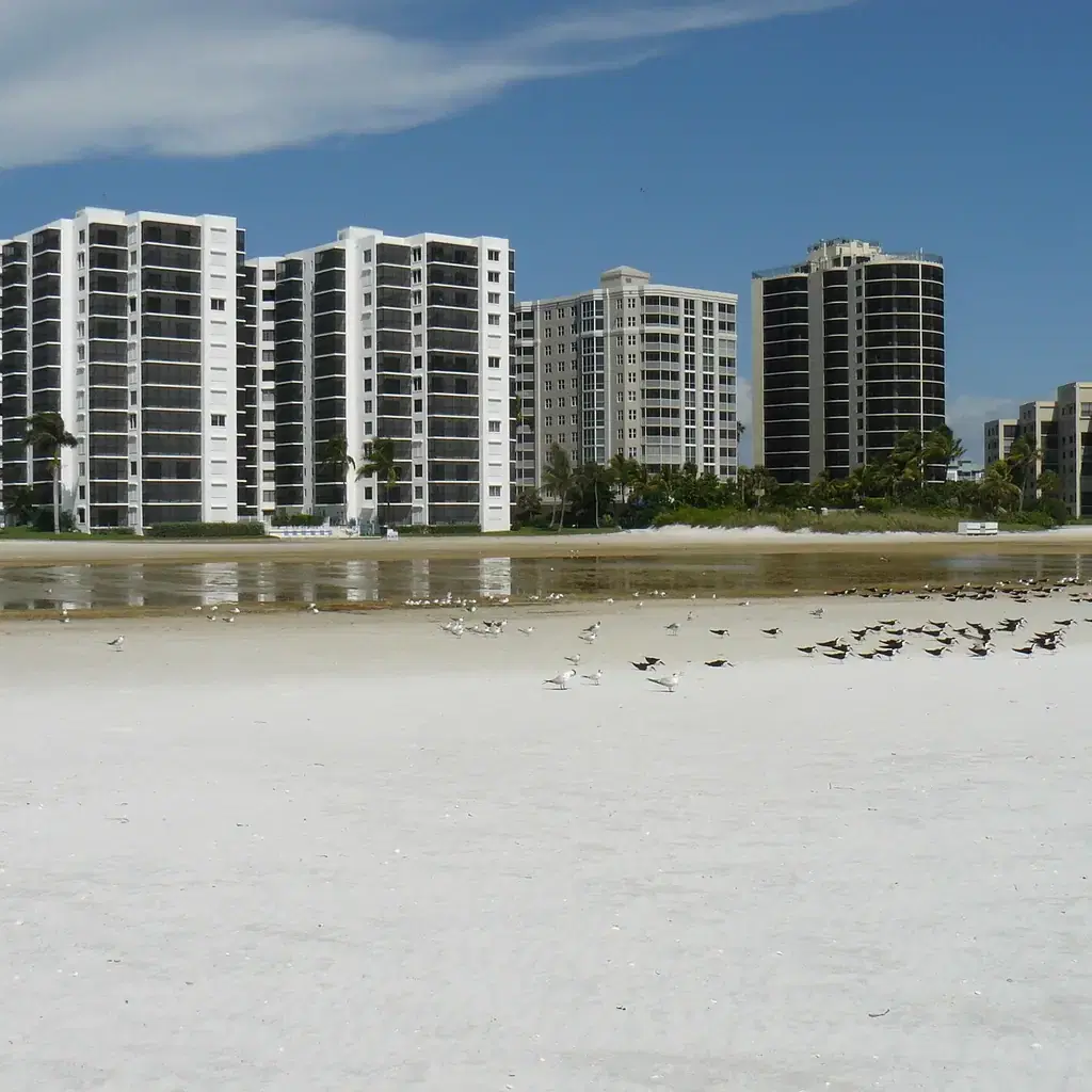 Fort Myers Beach shoreline with rebuilding visible along Estero Island