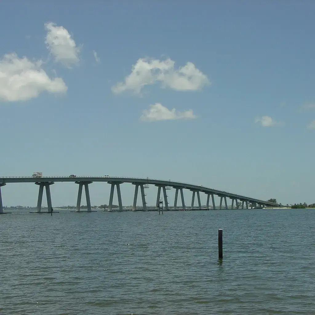 The Sanibel Causeway bridge crossing the bay toward Sanibel Island