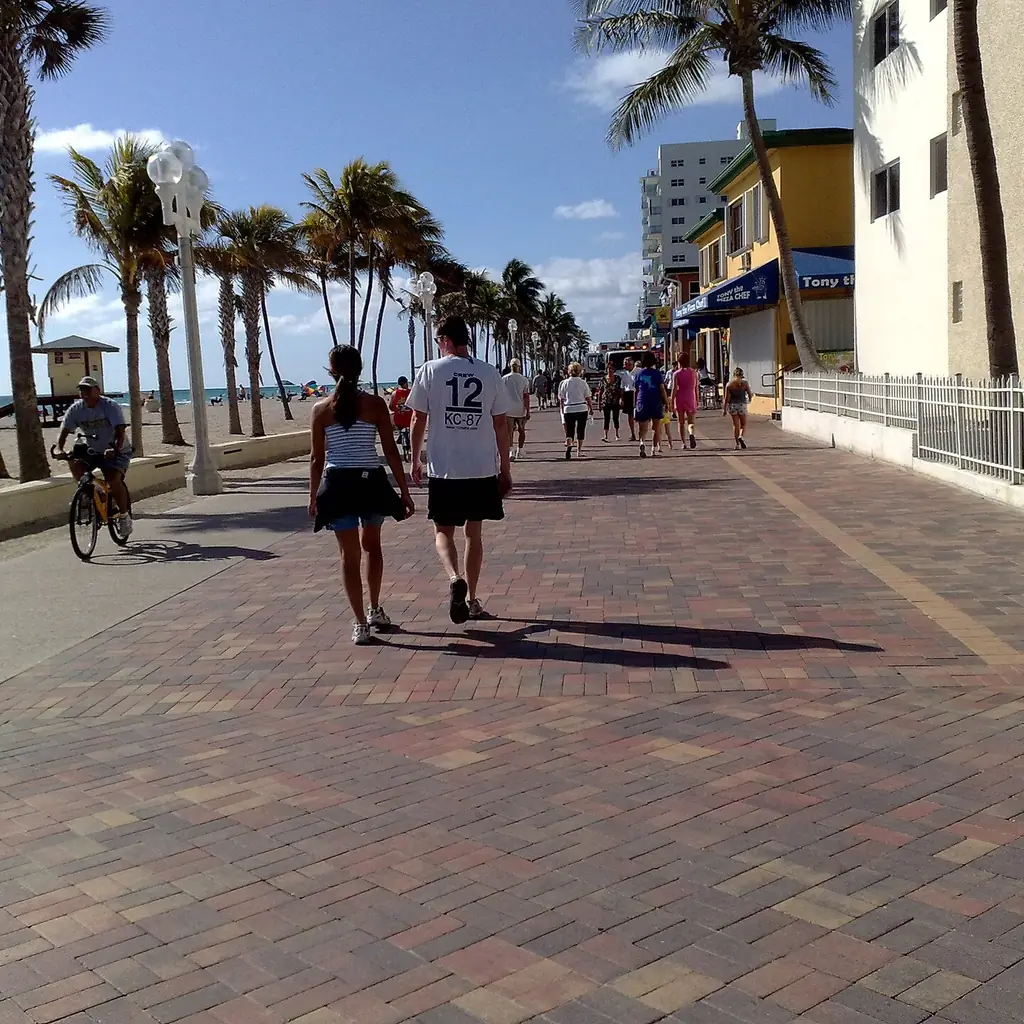 The Hollywood Beach Broadwalk promenade beside the Atlantic in Hollywood, Florida