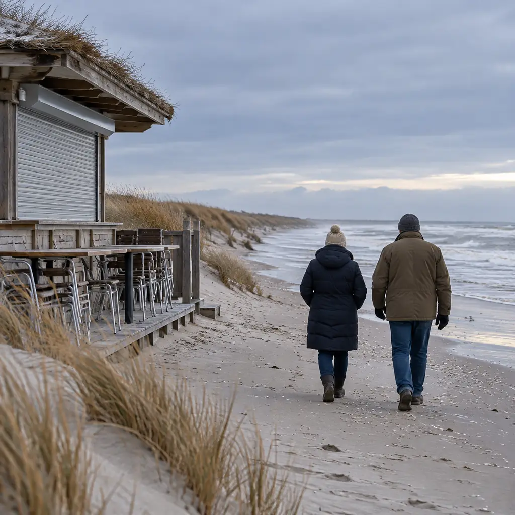 An older couple in winter coats walking an empty gray beach past a closed seasonal beach bar