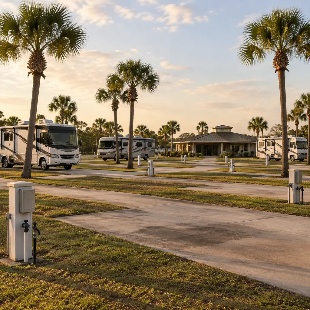 A half-empty RV park with palm trees, a few motorhomes and many vacant concrete pads