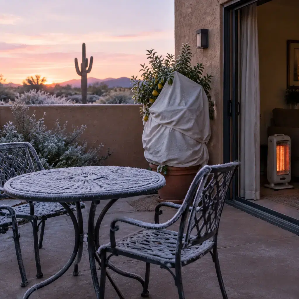 Frost-covered patio furniture and a sheet-wrapped citrus tree outside a desert rental at dawn