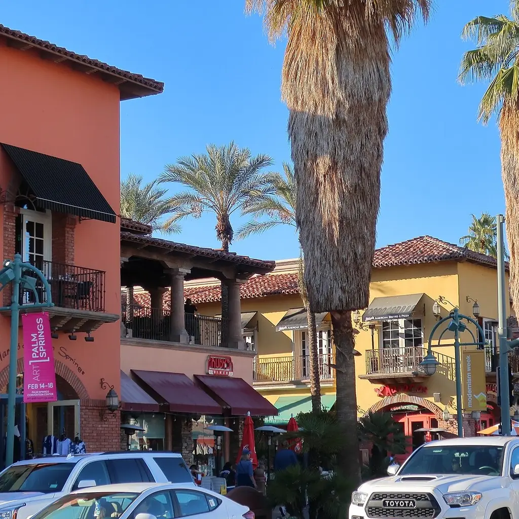 Shops and palm trees along South Palm Canyon Drive in Palm Springs, California