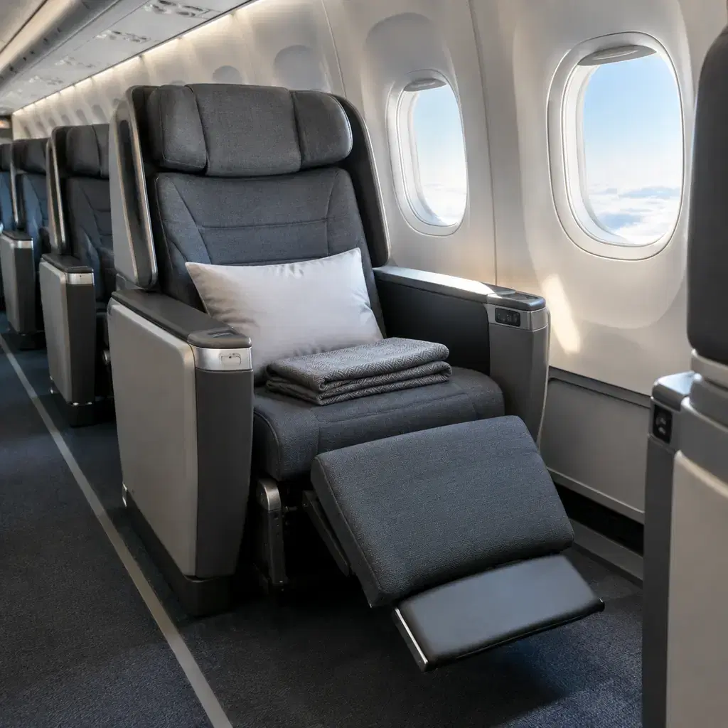 A premium economy seat with its leg rest and footrest extended