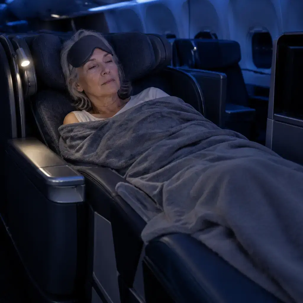 An older traveler dozing upright in a reclined premium economy seat on a dark overnight flight