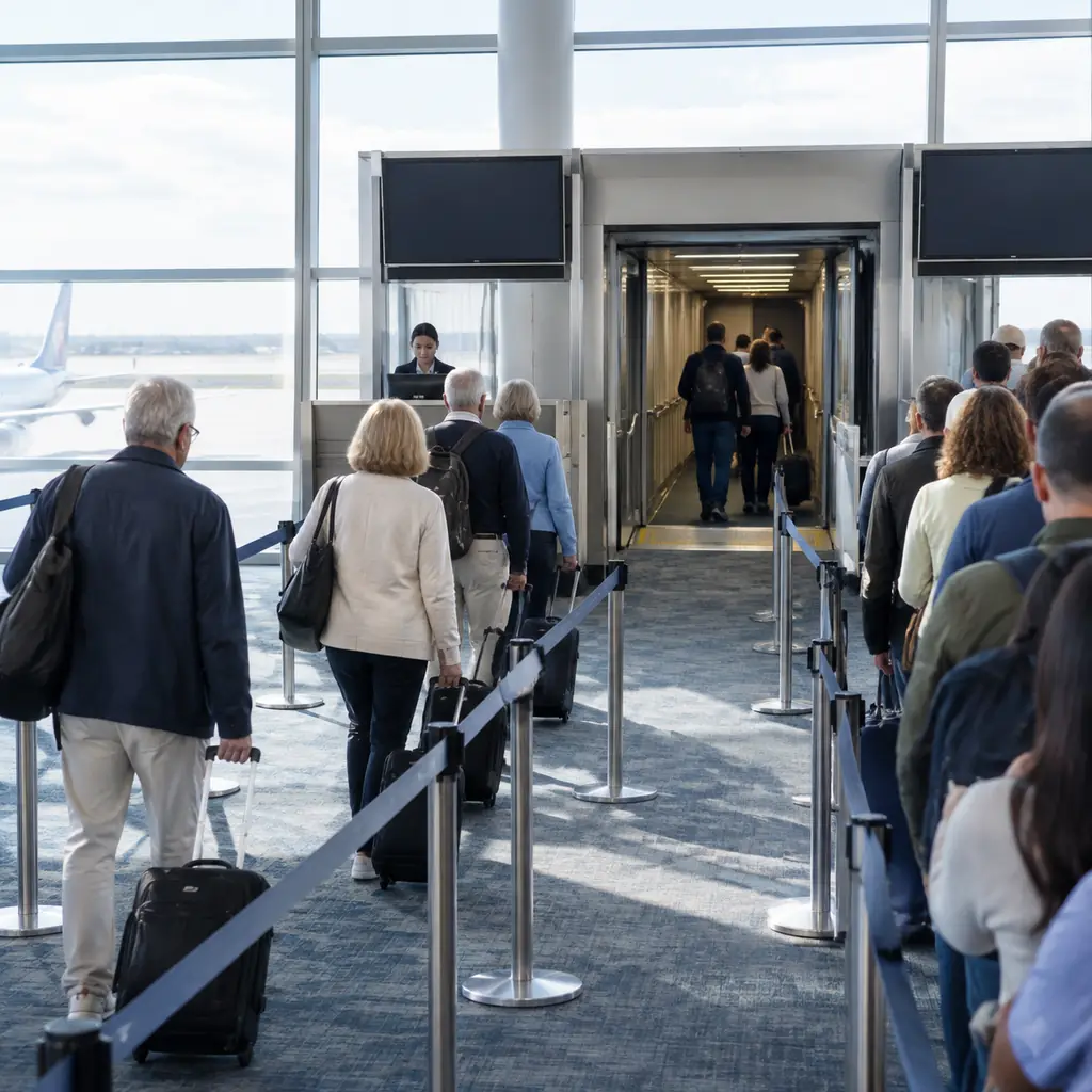Two boarding lanes at a departure gate, a short priority lane beside a long general lane