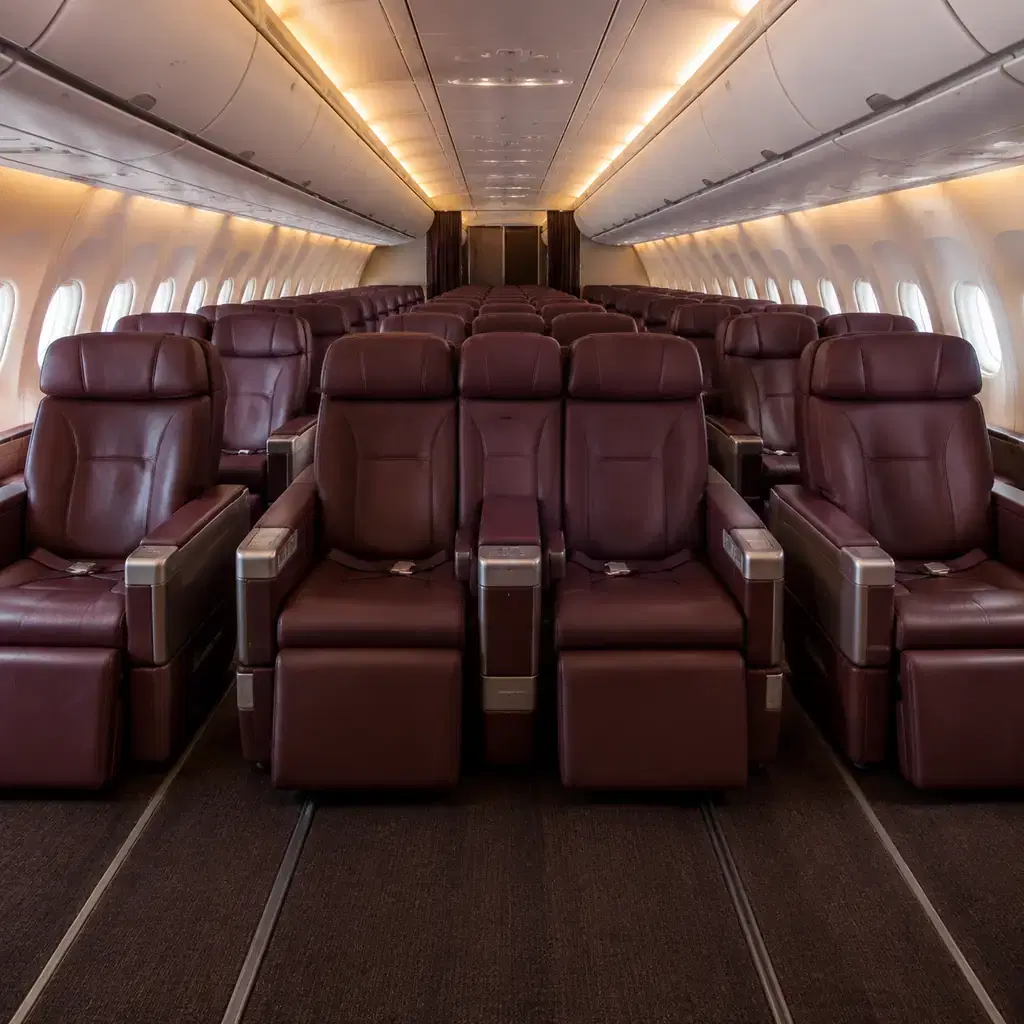 A premium economy cabin with rows of wide burgundy leather seats