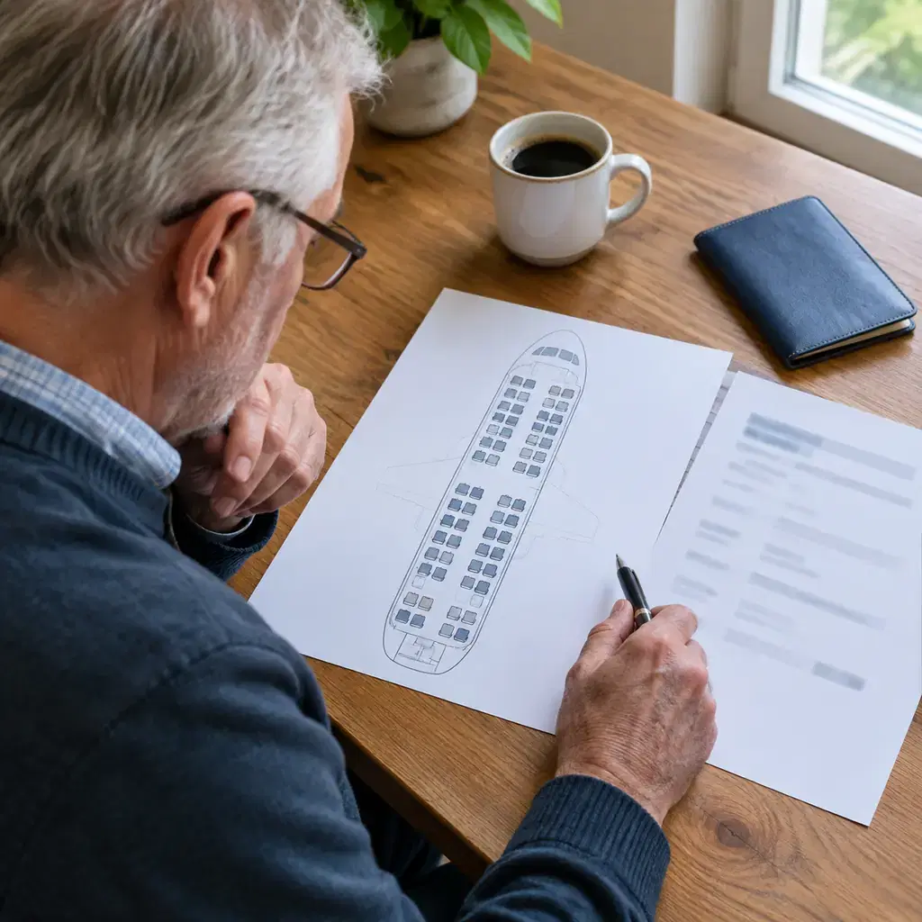 A traveler at a kitchen table comparing a printed aircraft seat map with a booking printout