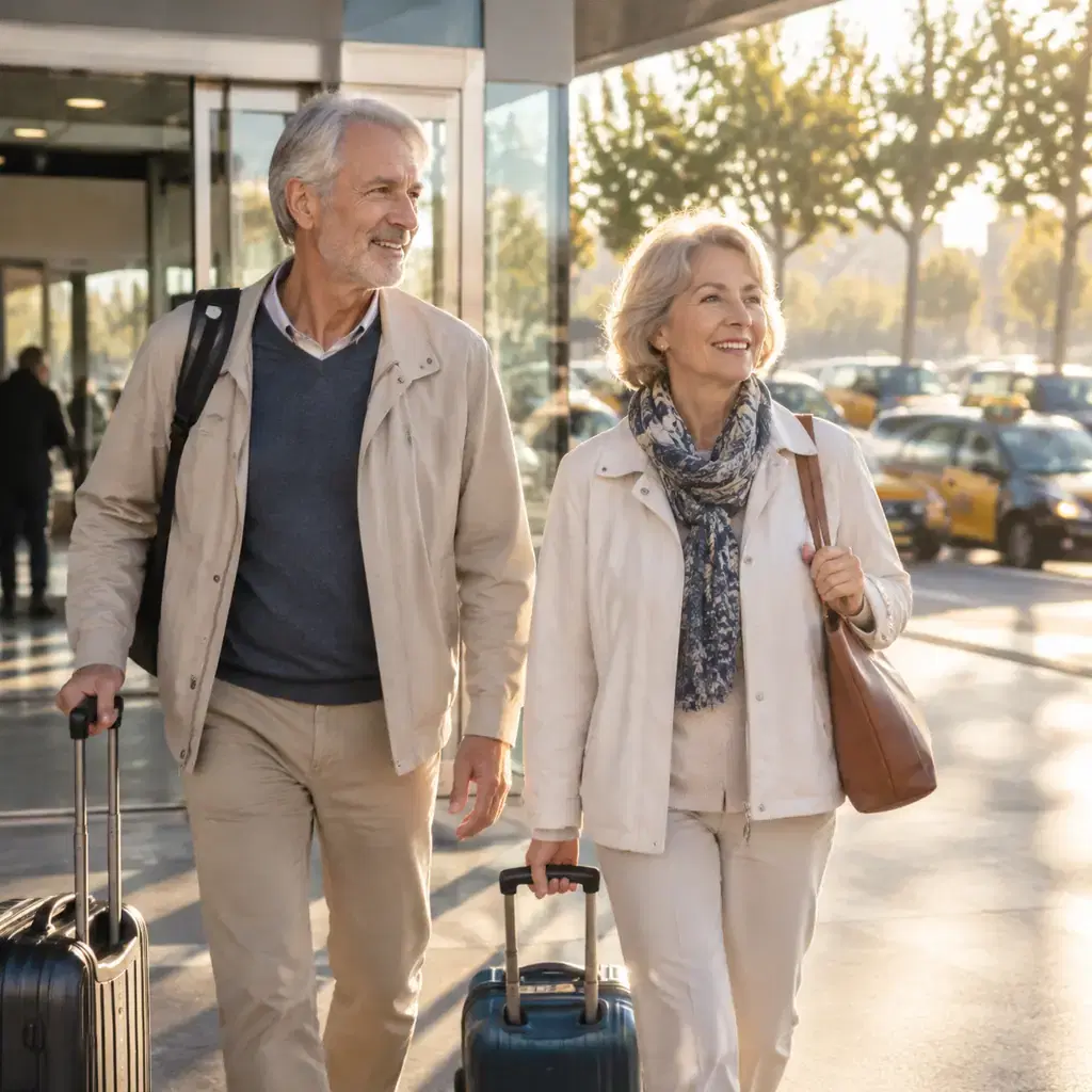 An older couple with carry-on bags walking out of an airport into bright morning light