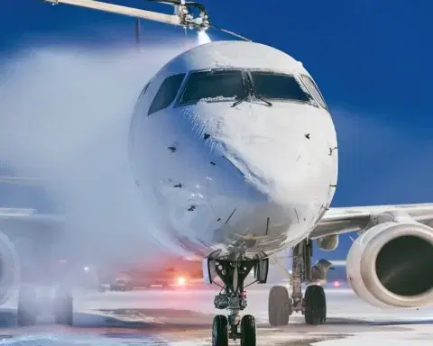A de-icing truck spraying a jet on a snowy apron at dawn