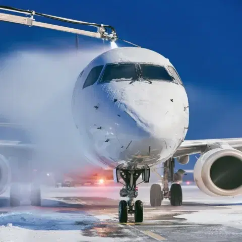 A de-icing truck spraying a jet on a snowy apron at dawn