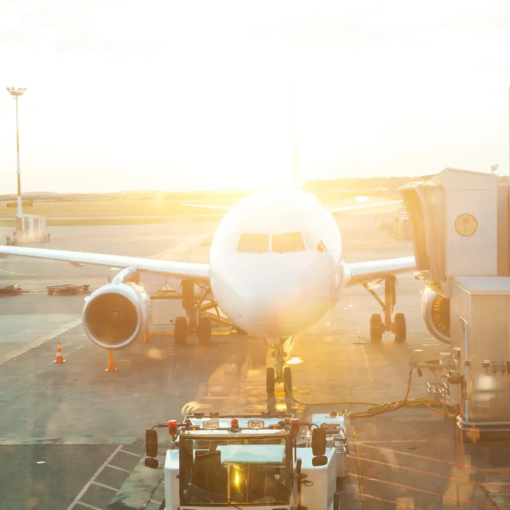 A jet parked at the jet bridge, seen through terminal windows in golden morning light