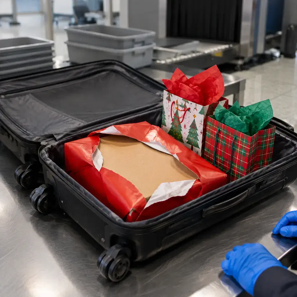 An opened carry-on at a security table showing a torn-open wrapped gift beside intact gift bags with tissue paper