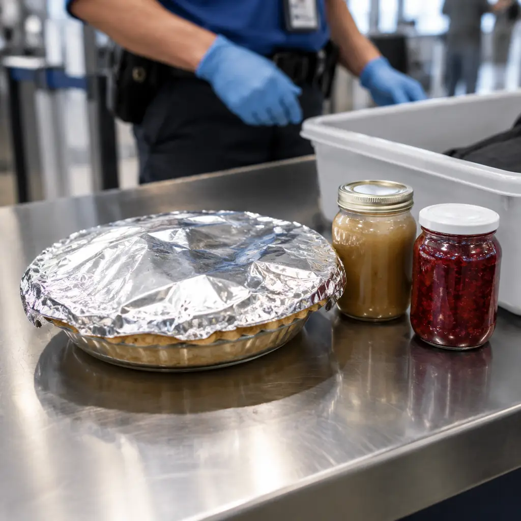 A security bin with a foil-covered pie beside jars of cranberry sauce and gravy being set aside by a gloved hand
