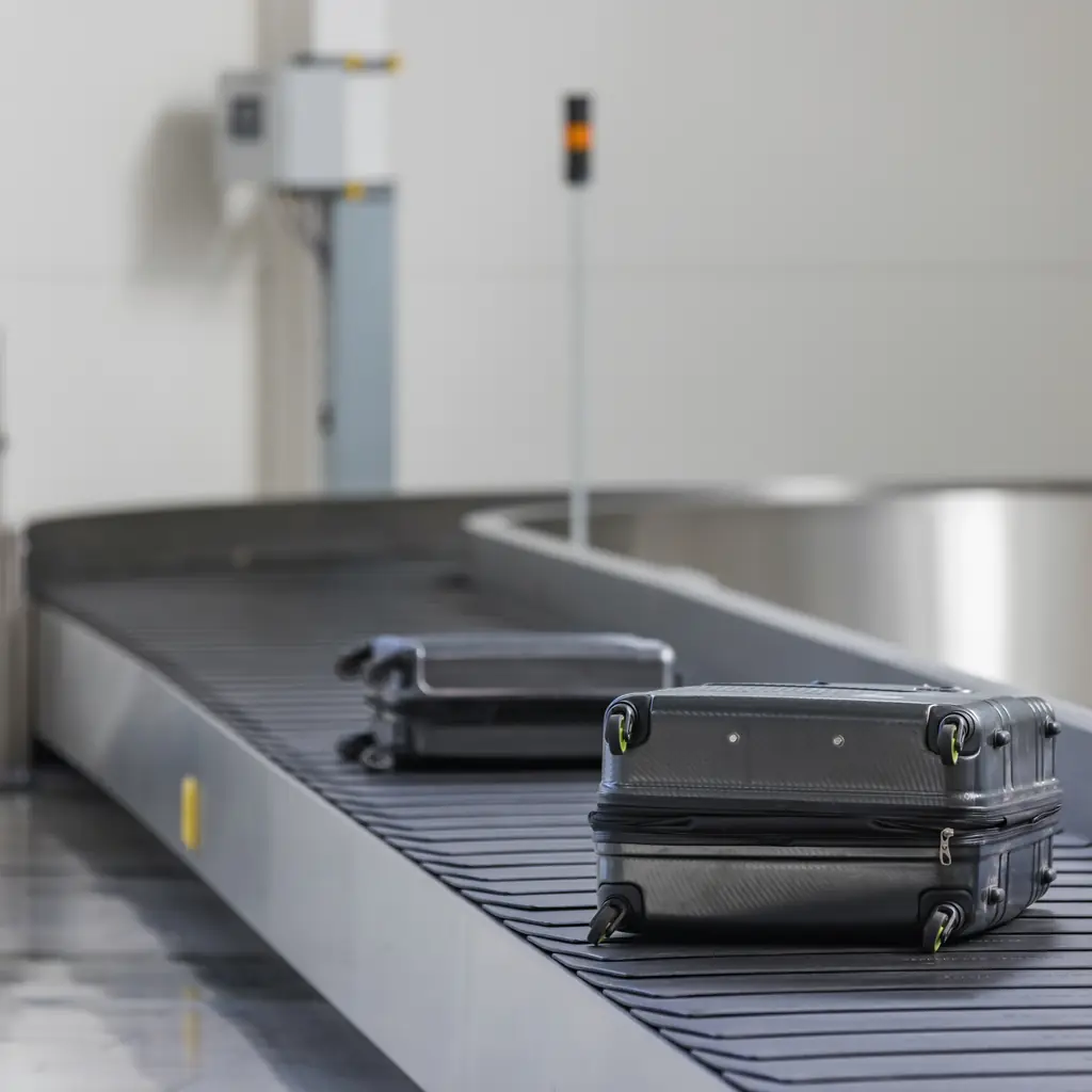 Suitcases circling on an airport baggage claim carousel