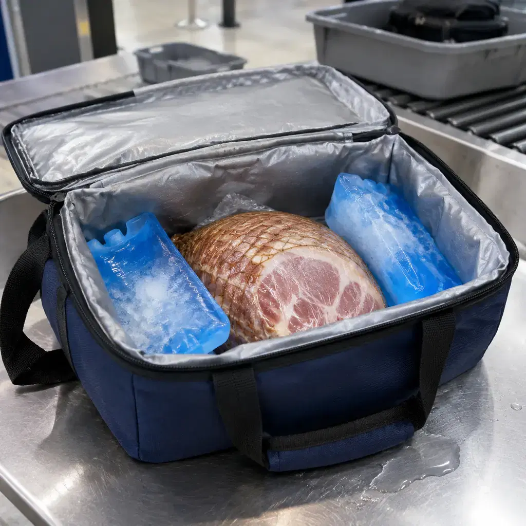 An open cooler on a screening table with a vacuum-sealed ham and softened ice packs sitting in meltwater