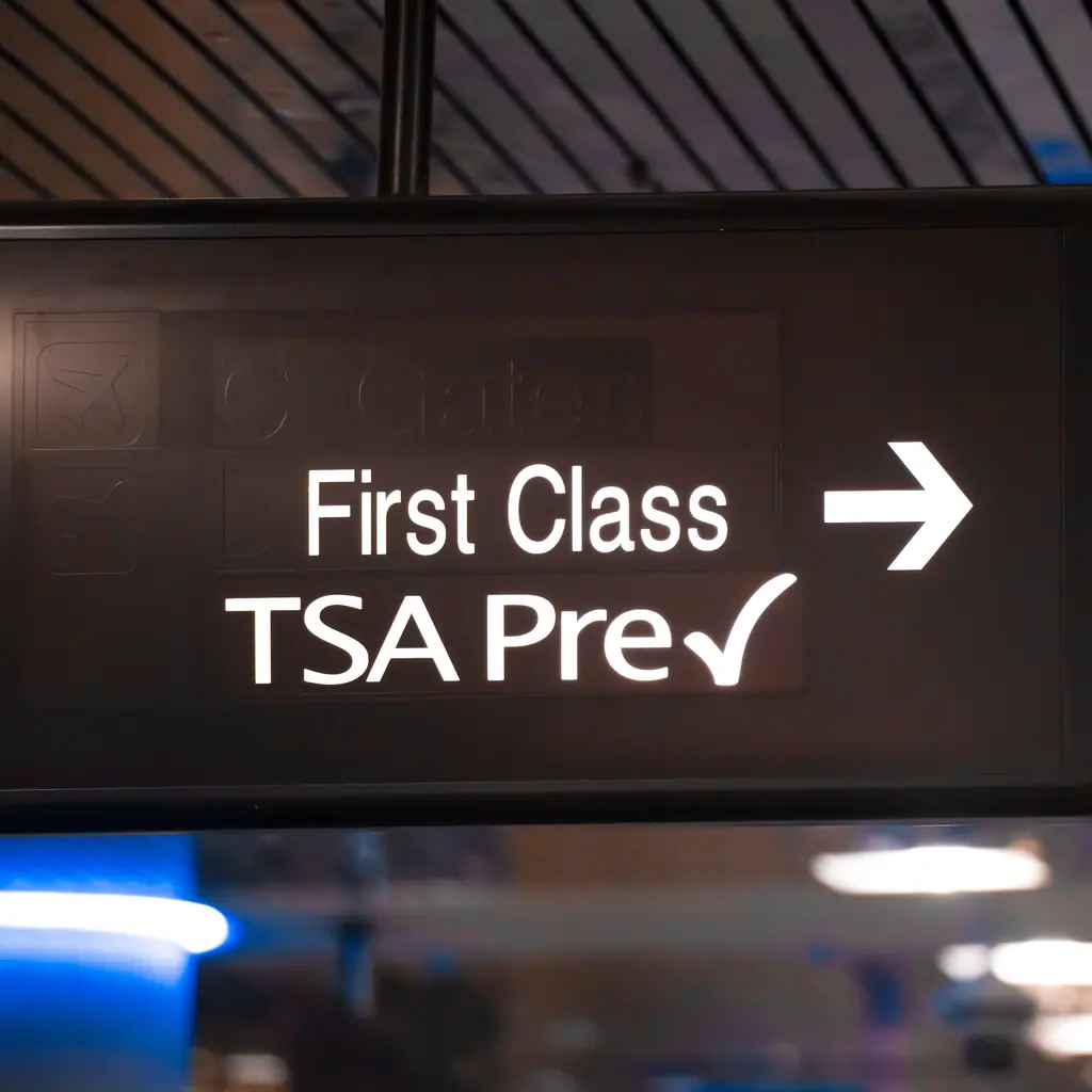 An illuminated TSA PreCheck sign above an airport security lane
