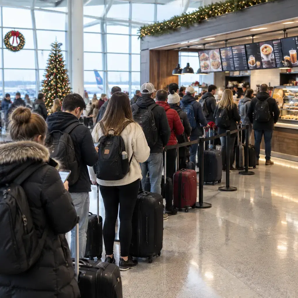 Holiday travelers with roller bags waiting in a long line at an airport food counter