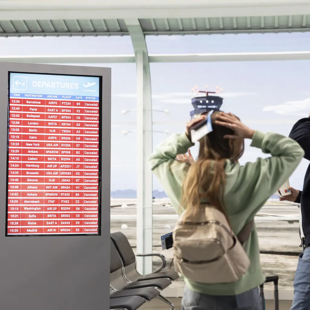 Travelers look up at an airport departures board showing cancelled and delayed flights