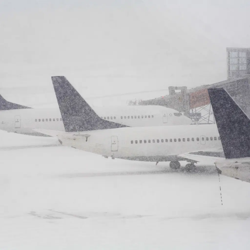 Aircraft sit at airport gates in heavy falling snow, seen through a terminal window