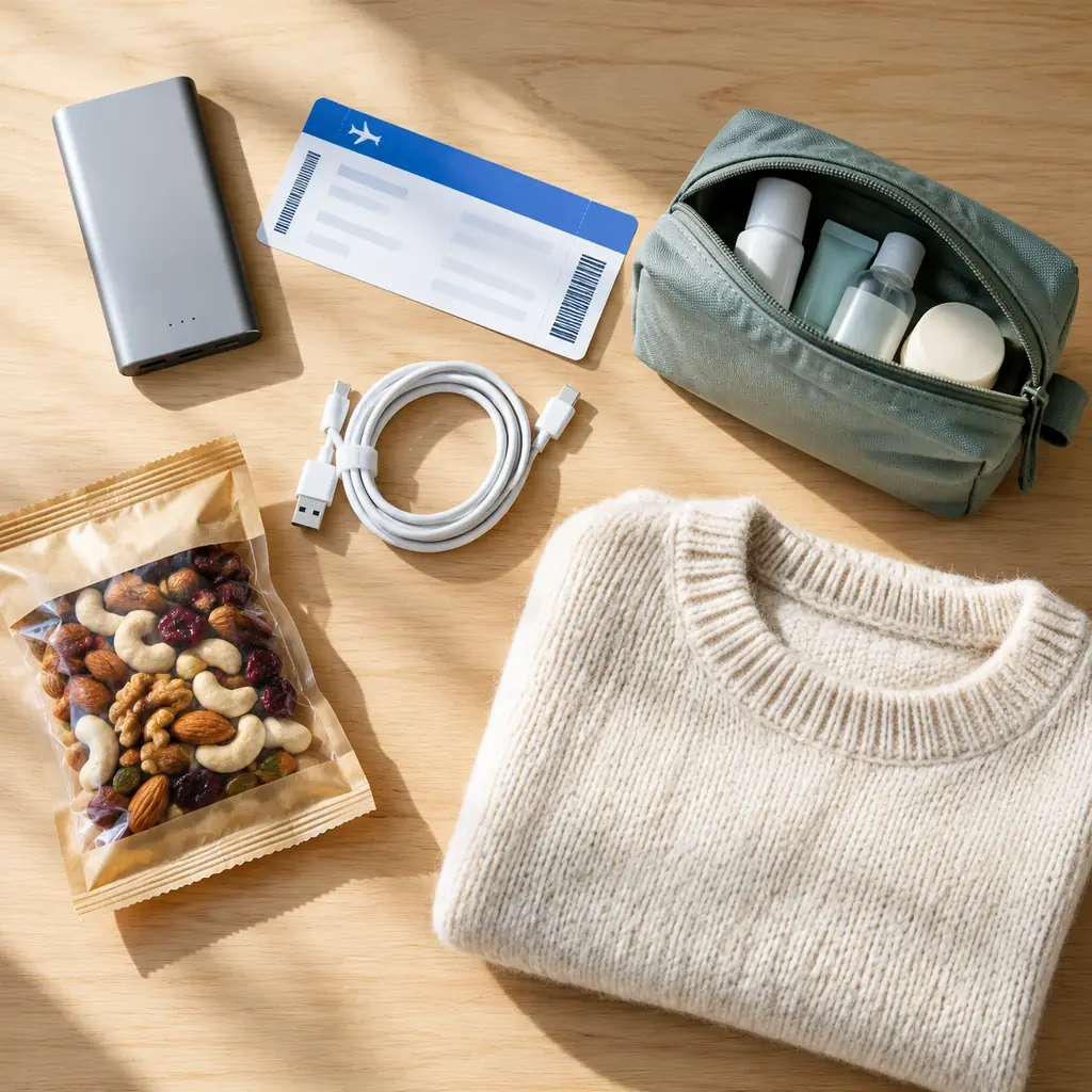 A traveler's backup kit laid out beside an open carry-on: pill bottles, pill organizer, sweater, charger, reading glasses, cash and a folded paper list
