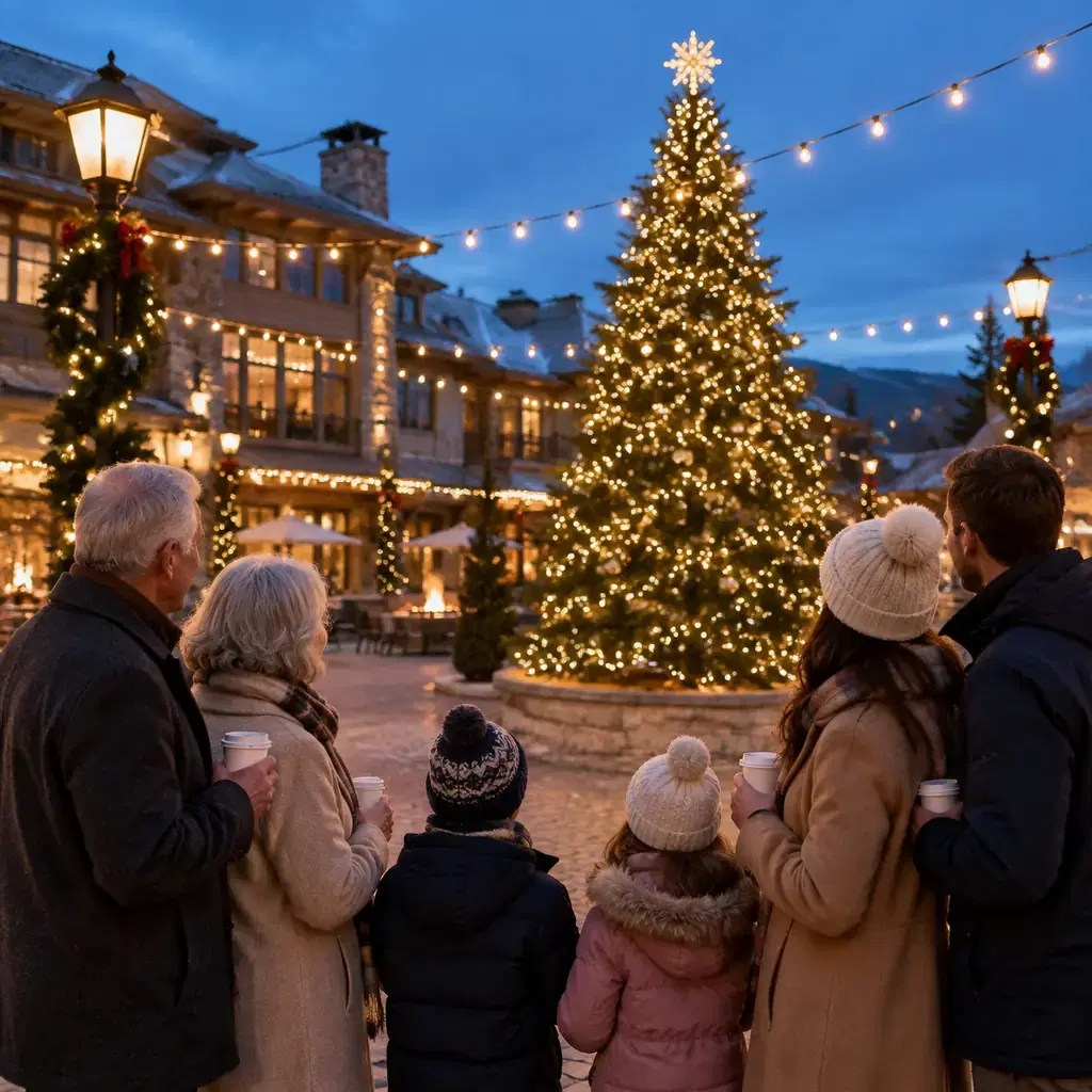 A three-generation family watches an outdoor hotel Christmas tree light up while holding cups of hot cocoa