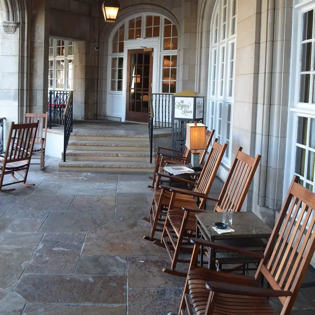 Rocking chairs on the covered porch of The Hotel Roanoke in Roanoke, Virginia