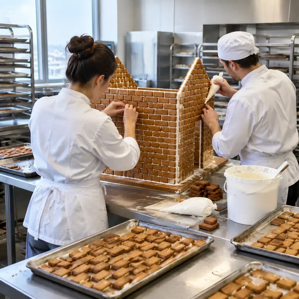 Pastry cooks assemble a large gingerbread house from hundreds of small gingerbread bricks and royal icing