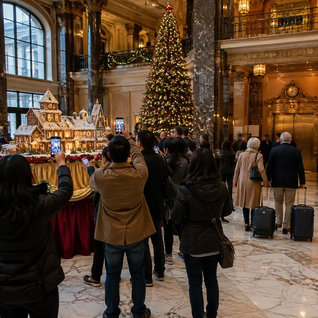 Day visitors crowd a grand hotel lobby decorated for Christmas while hotel guests with suitcases make their way through