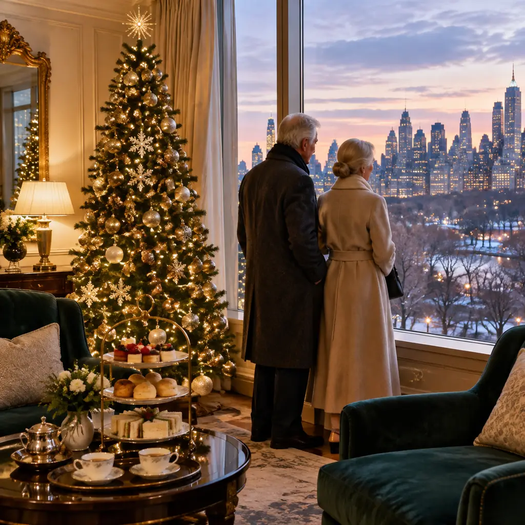 An older couple stands beside a decorated Christmas tree in a luxury hotel suite, looking out at city lights