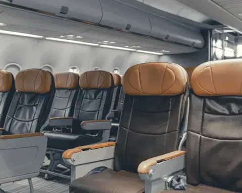 A row of economy class airplane seats with wide leather upholstery, illustrating an extra-legroom economy seat category.