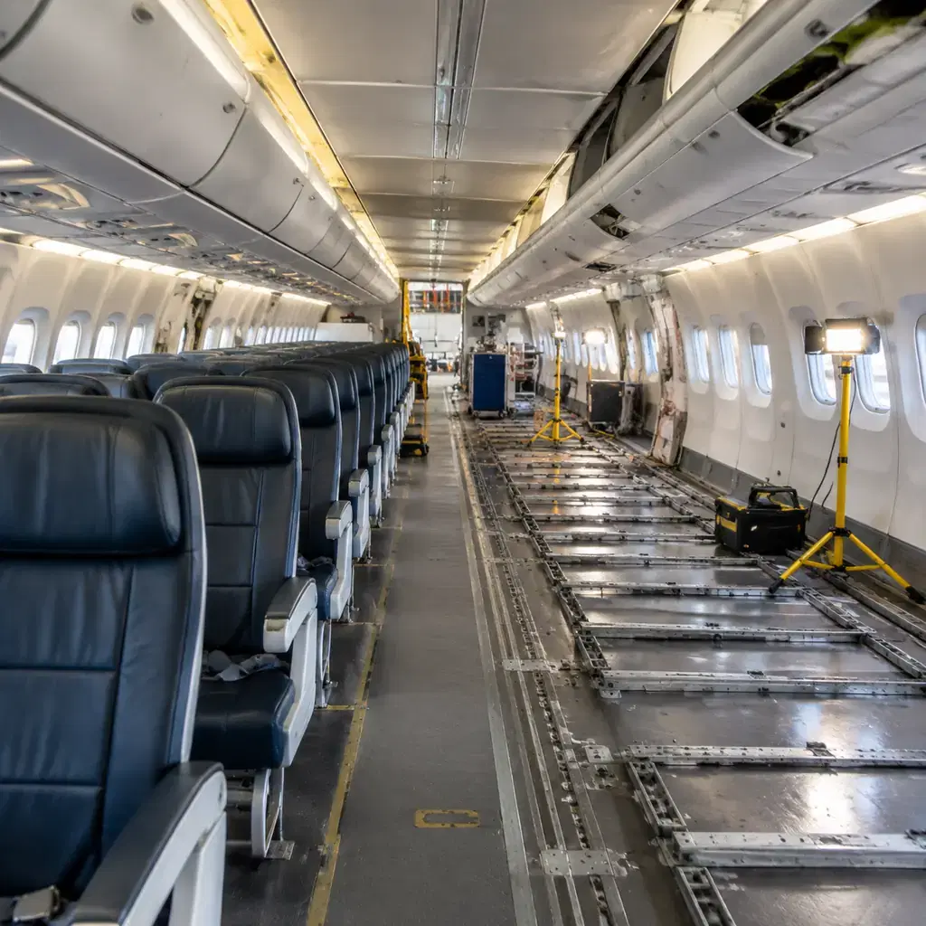 An aircraft cabin mid-retrofit with new seats installed in some rows and bare seat tracks in others, illustrating how long full cabin retrofits take.