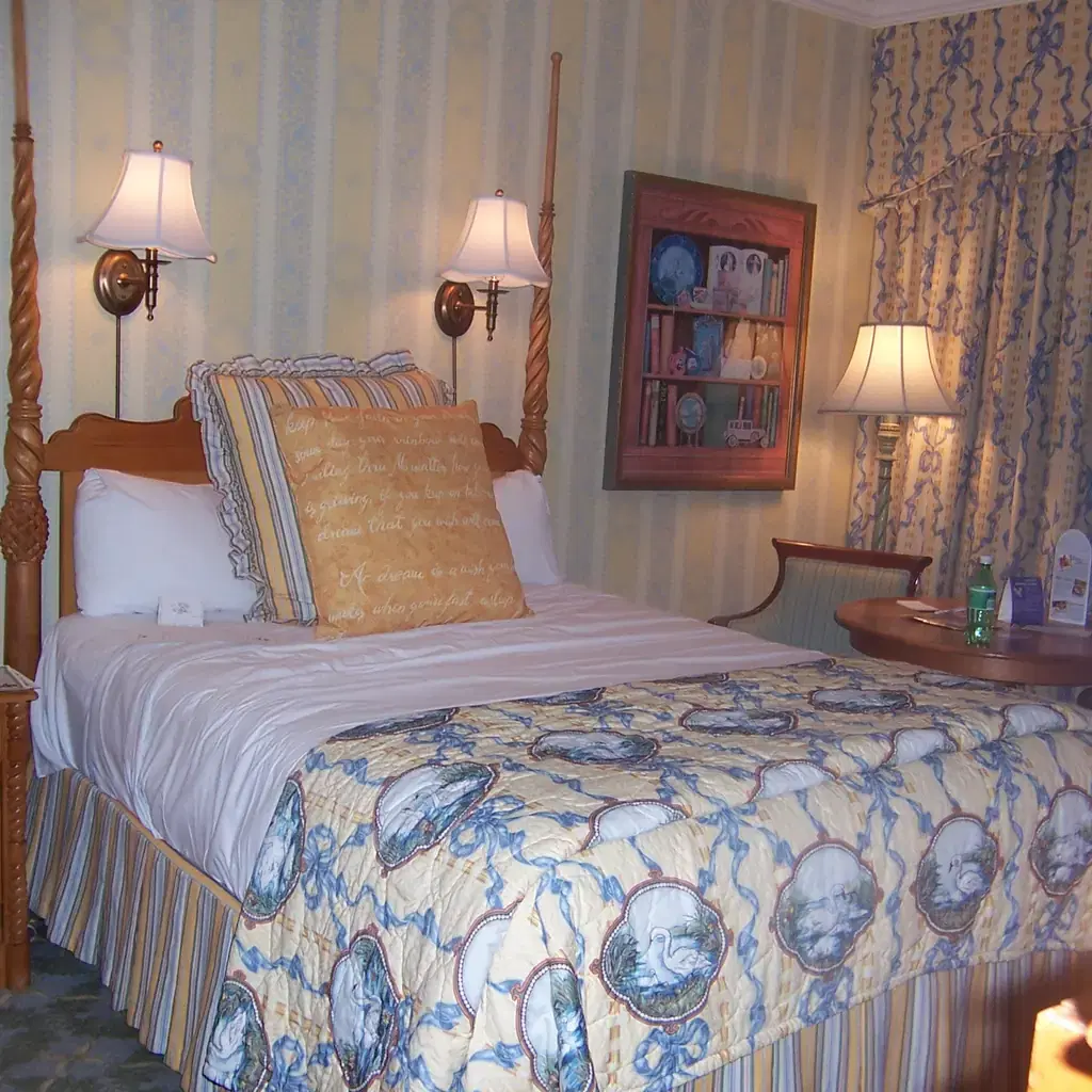 A guest room interior at Disney's Grand Floridian Resort and Spa, illustrating a priced room view category.