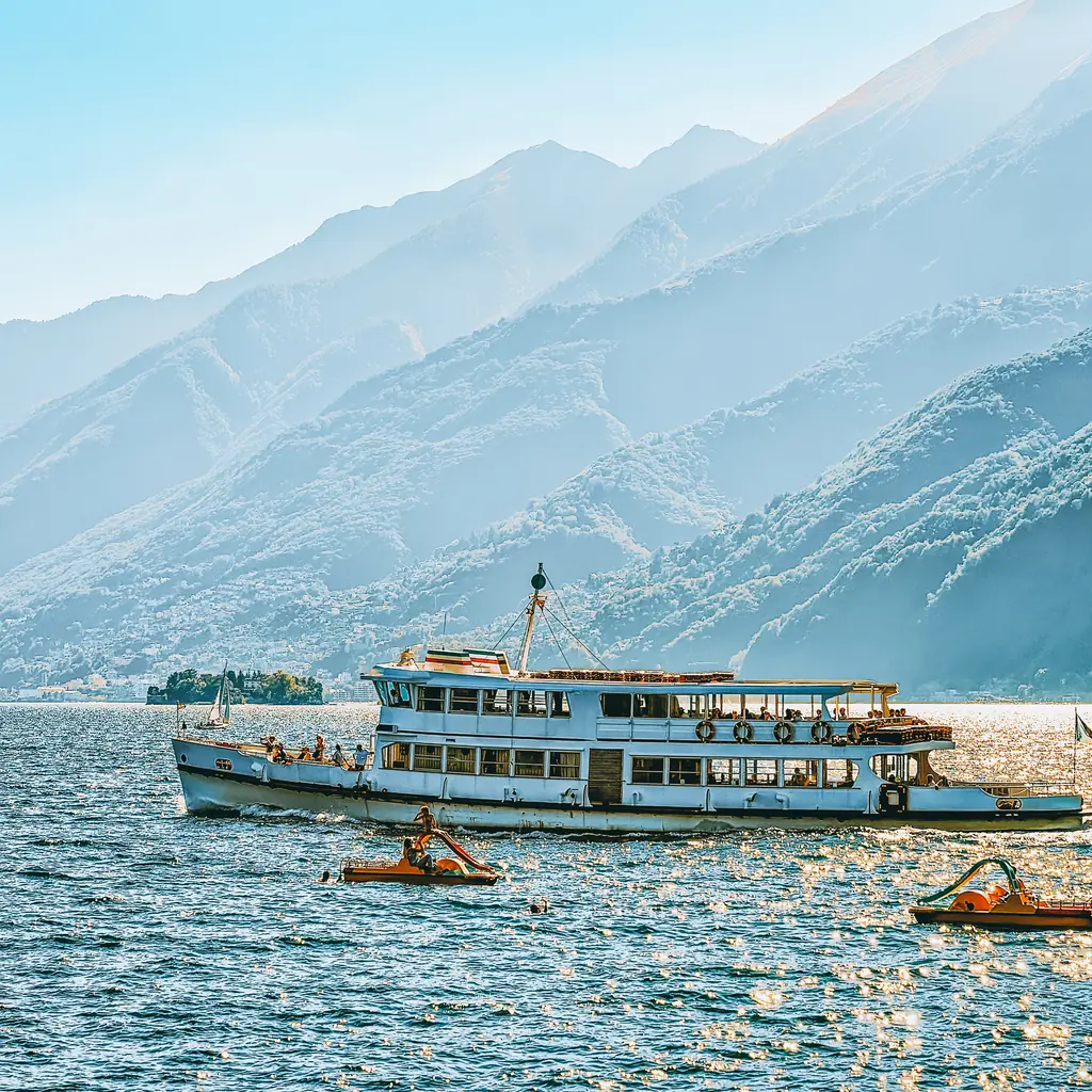 A passenger excursion ferry crossing a lake in Switzerland, illustrating optional excursions as a separate spending layer.
