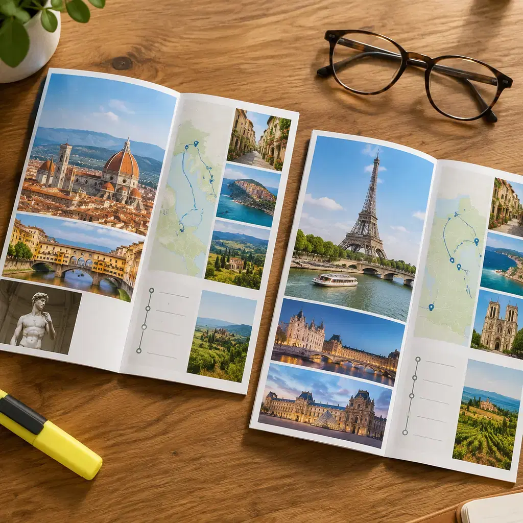 Two guided-tour brochures with different itineraries spread open on a desk, illustrating how the price gap between tiers reflects a different itinerary.