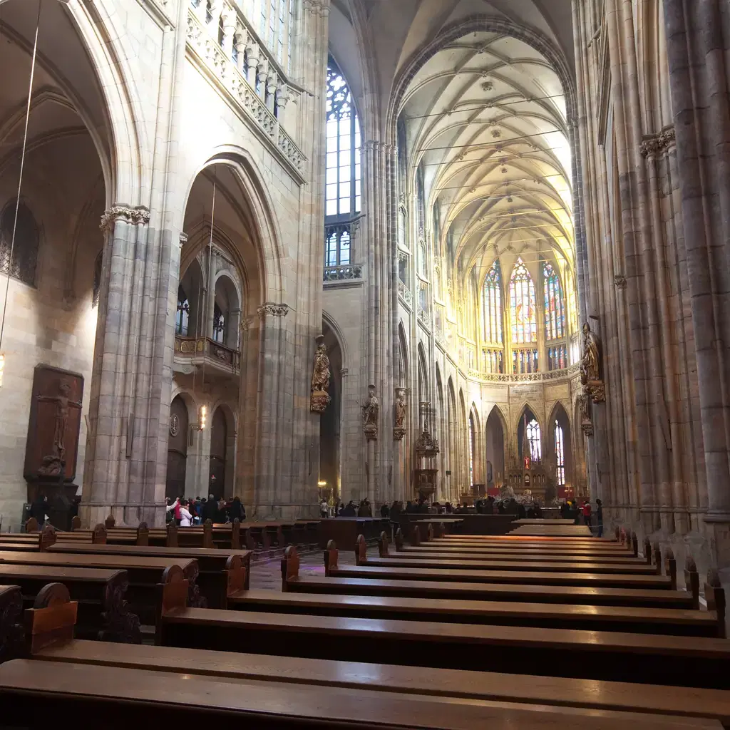 The interior of Saint Vitus Cathedral in Prague, Czech Republic, illustrating deeper access to fewer destinations on a premium tier.