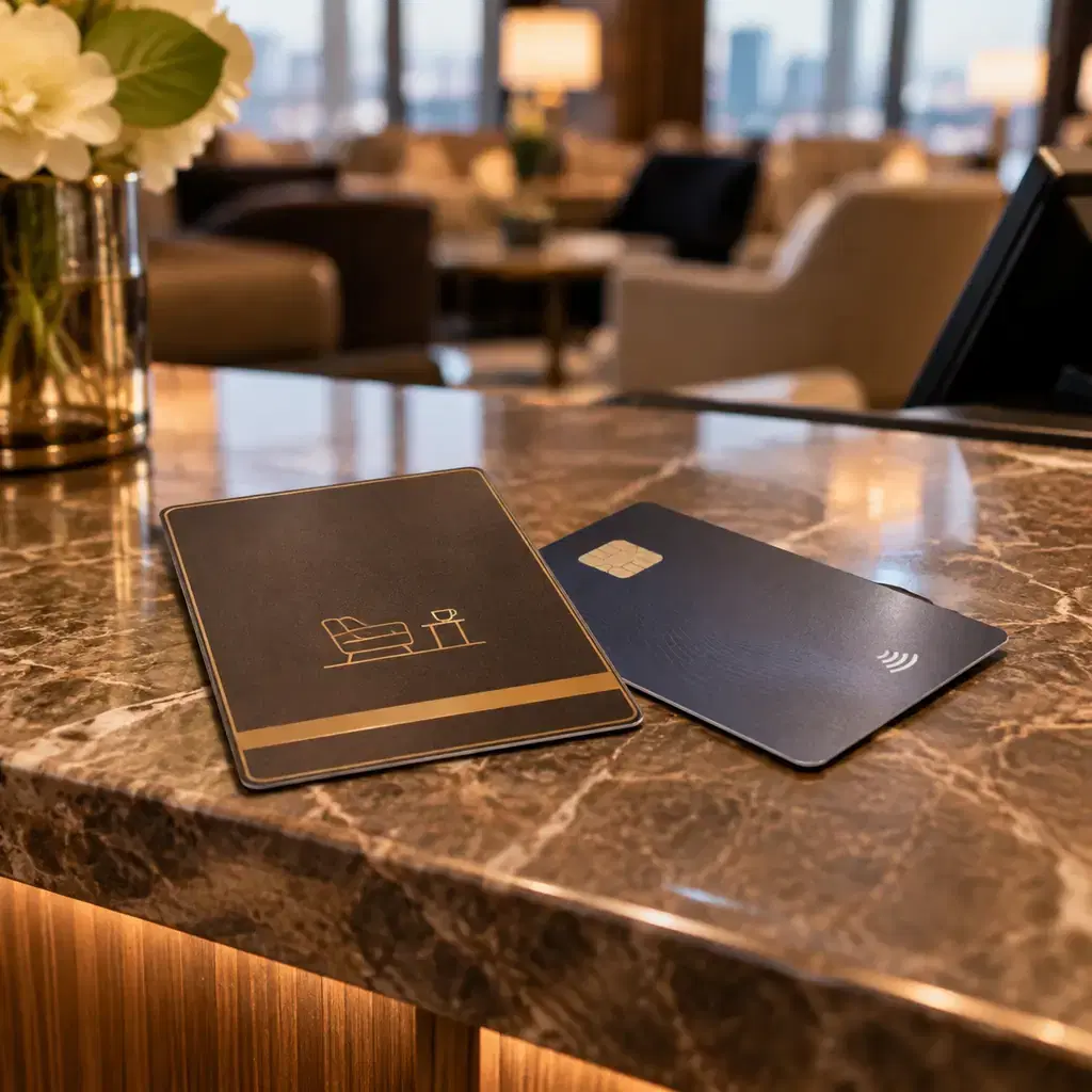 A lounge access day-pass card and a credit card on a reception desk, illustrating buying lounge access without elite status.