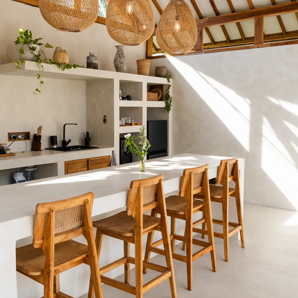 An open-plan villa kitchen with bar seating, illustrating what a kitchen and extra space change in a Deluxe Villa.