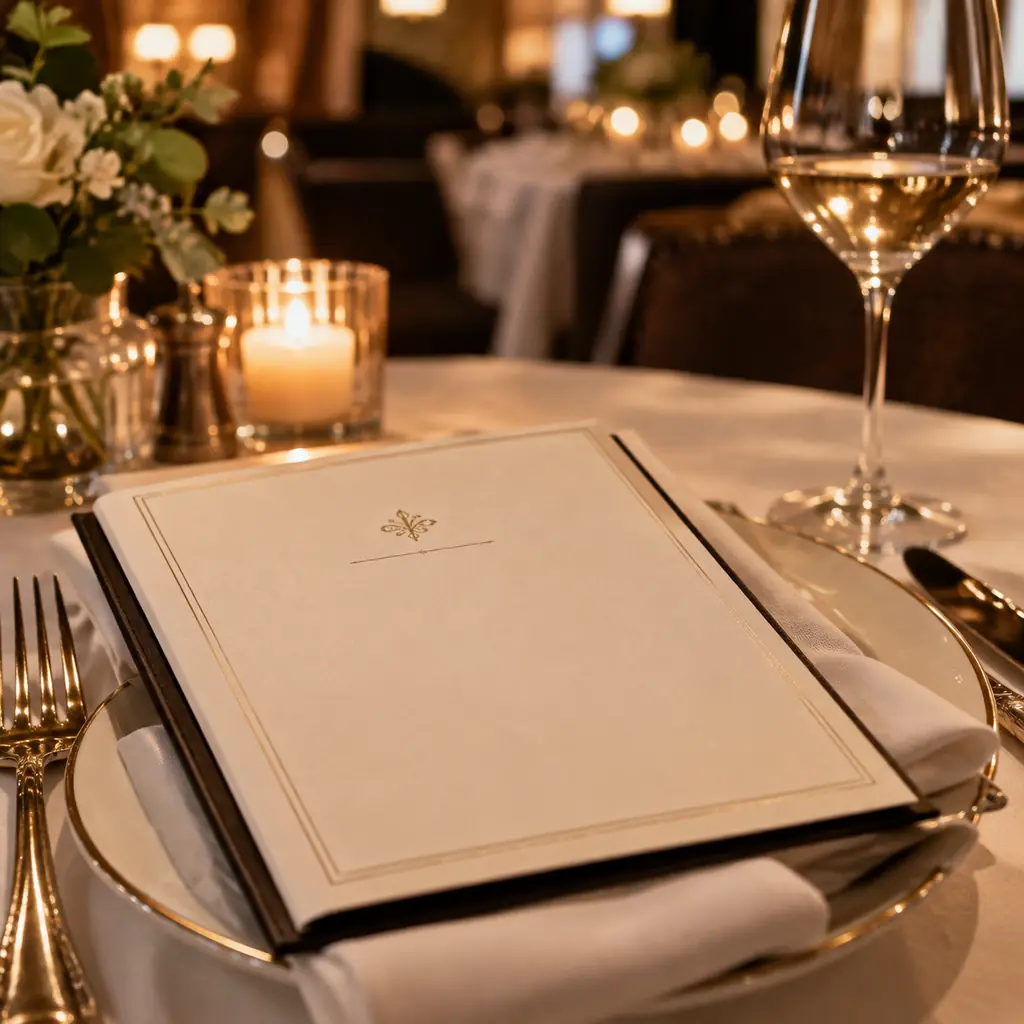 A close-up of an elegant restaurant menu card on a dining table, illustrating how dining tier is described in marketing language.