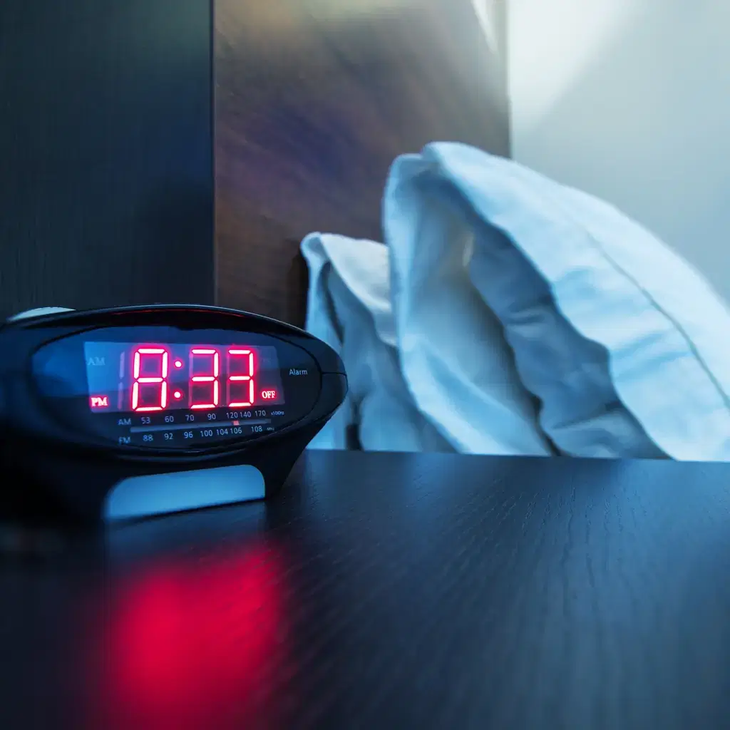 A digital alarm clock on a hotel nightstand beside pillows, illustrating guaranteed late checkout at certain tiers.