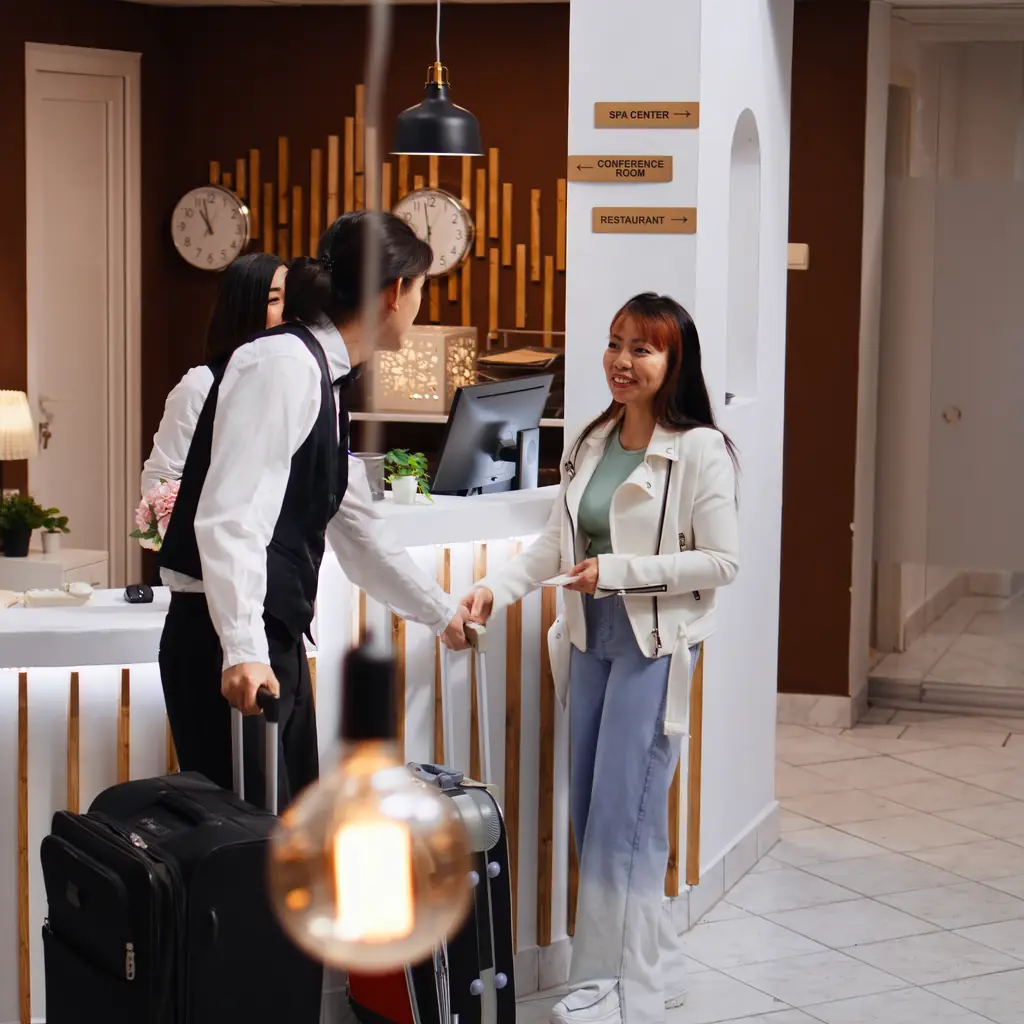 A hotel receptionist completing check-in and handing back a guest's passport, illustrating concierge check-in and check-out service.