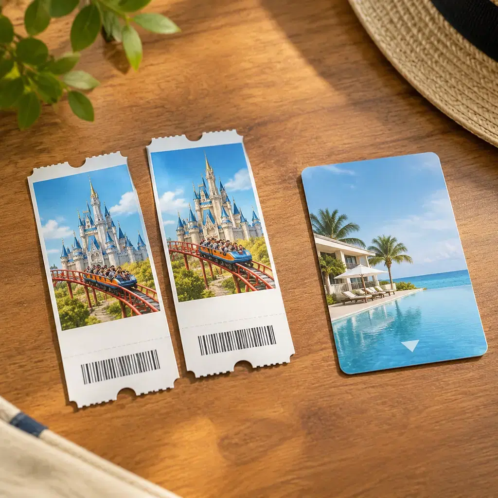 Two admission tickets and a resort room key laid out separately, illustrating that a park ticket is never included in a resort upgrade.