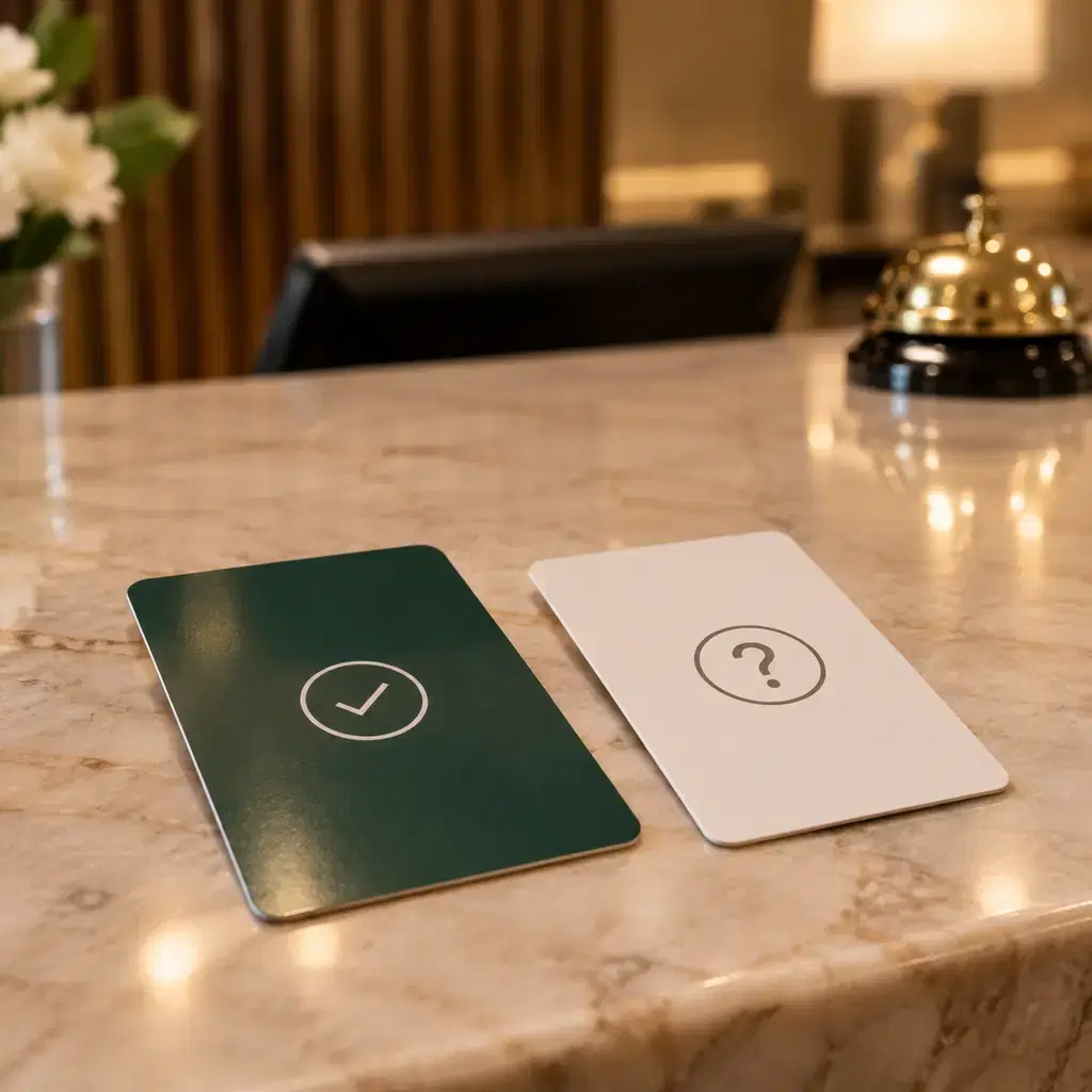 Two hotel key cards, one marked confirmed and one marked pending, illustrating a confirmed suite upgrade versus a hopeful one.
