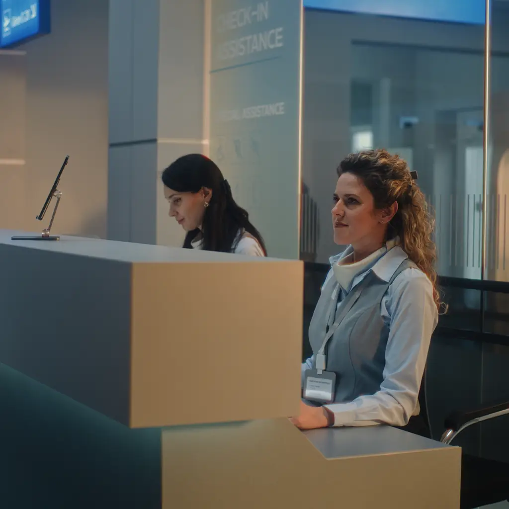 A passenger speaking with an airline agent at an airport check-in counter, illustrating the day-of gate upgrade as a separate transaction.