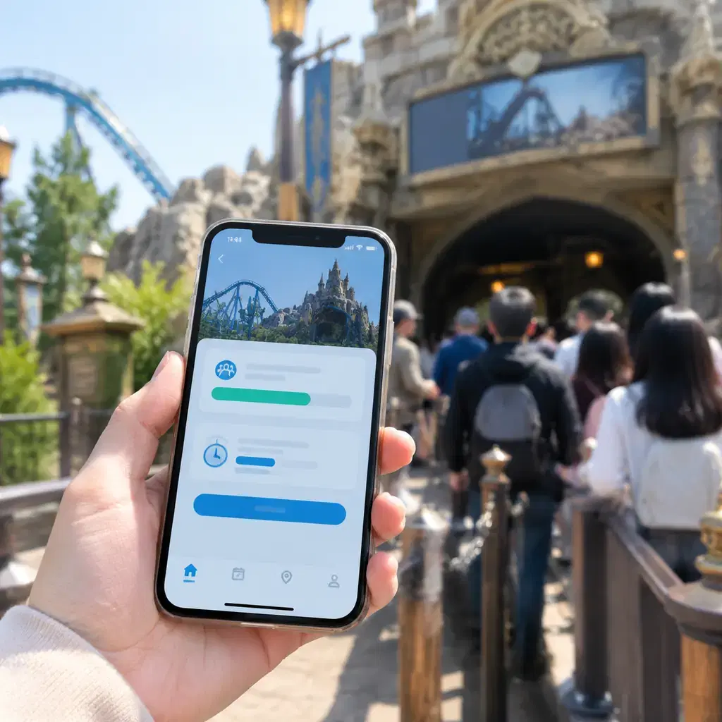 A visitor checking a queue-reservation app on a smartphone near a ride entrance, illustrating Lightning Lane as a separate purchase.