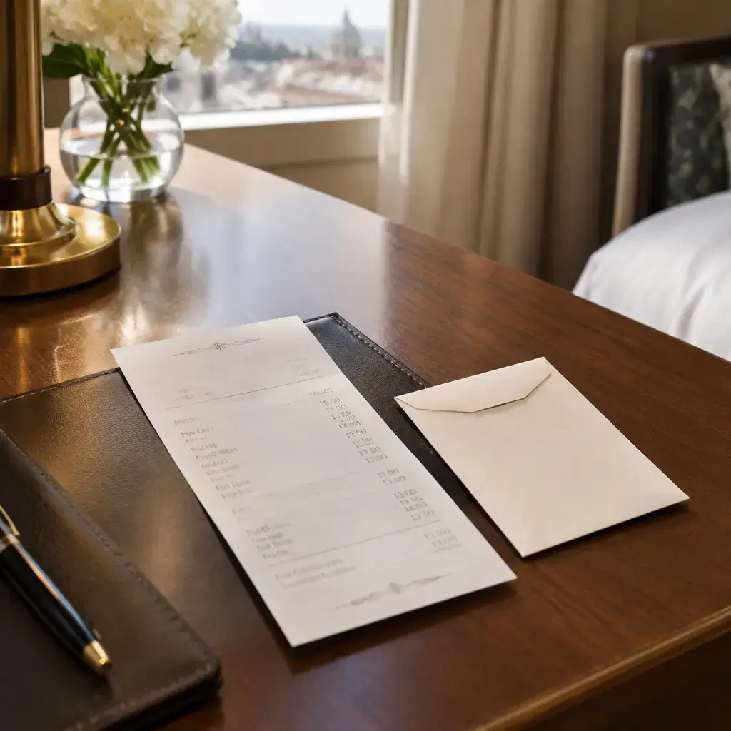 A European hotel bill and a small tip envelope on a room desk, illustrating how bundled extras shift what price included actually covers.