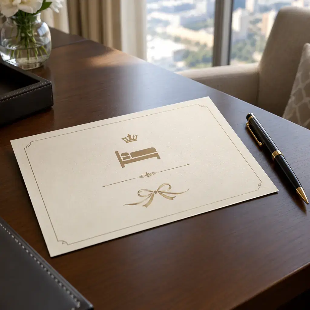 A printed suite-upgrade certificate on a hotel room desk, illustrating suite certificates functioning as their own currency.
