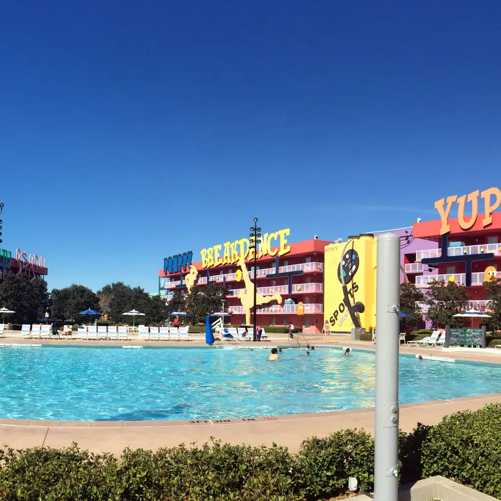 Disney's Pop Century Resort pool and guest room buildings, a Value resort category example.