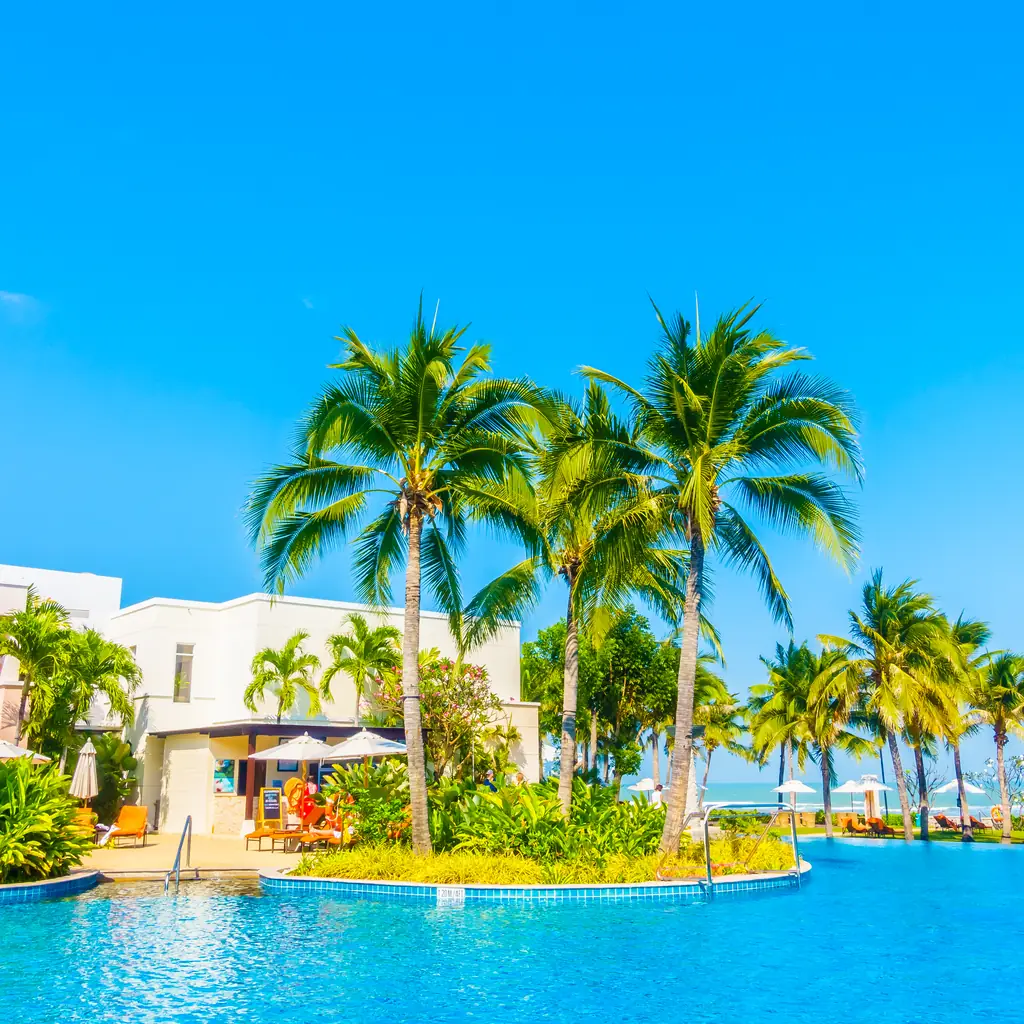 A resort pool surrounded by palm trees, illustrating an adults-only wing paired with a larger family resort.